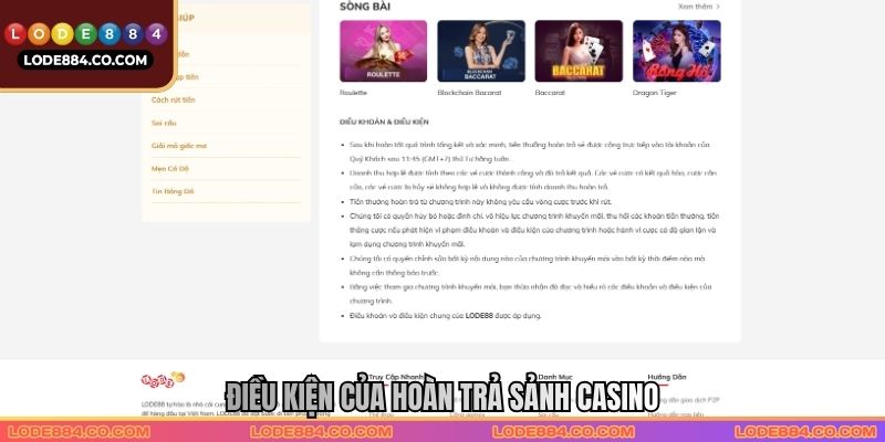 Điều kiện của Hoàn trả sảnh Casino