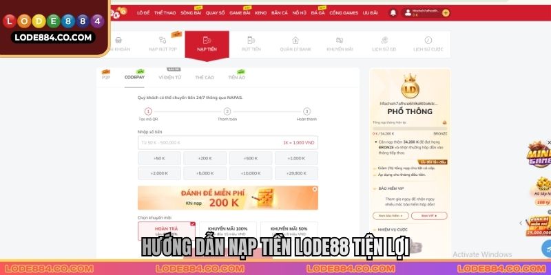 Hướng dẫn nạp tiền LODE88 tiện lợi