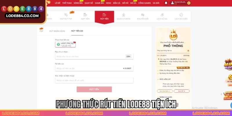 Phương thức rút tiền LODE88 tiện ích
